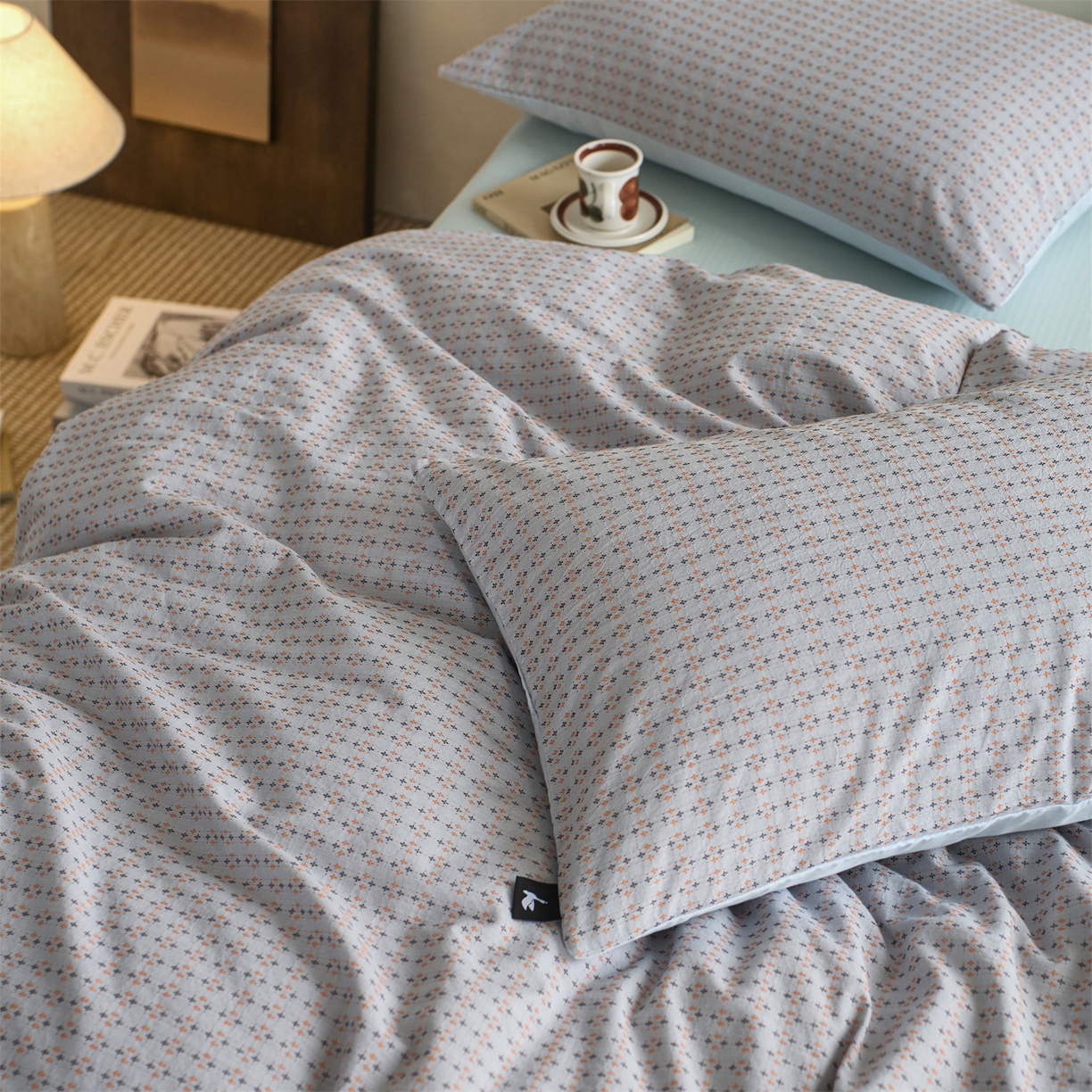 91家纺网 家纺一手货源 找家纺  安莱生活 2026年新款水洗棉提花松栗小禾四件套 松栗小禾-灰蓝