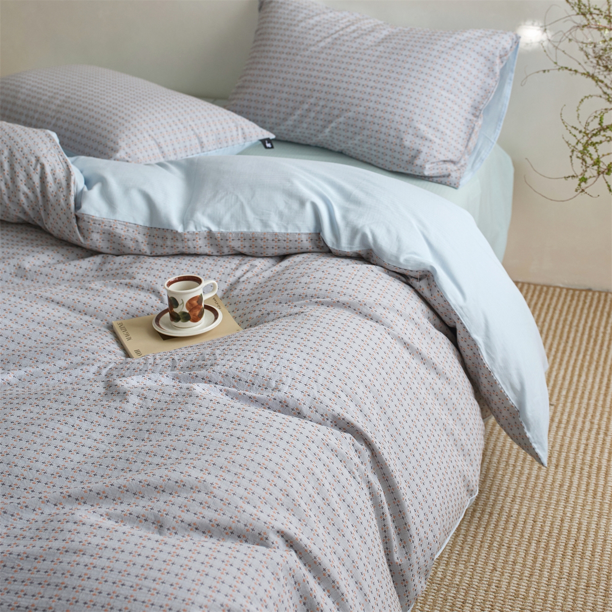 91家纺网 家纺一手货源 找家纺  安莱生活 2026年新款水洗棉提花松栗小禾四件套 松栗小禾-灰蓝