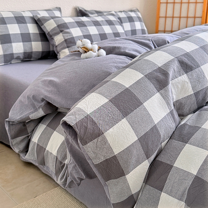 91家纺网 家纺一手货源 找家纺 家贝爱 2026新款全棉纯棉水洗色织被套单件被套单品单被套 中灰格