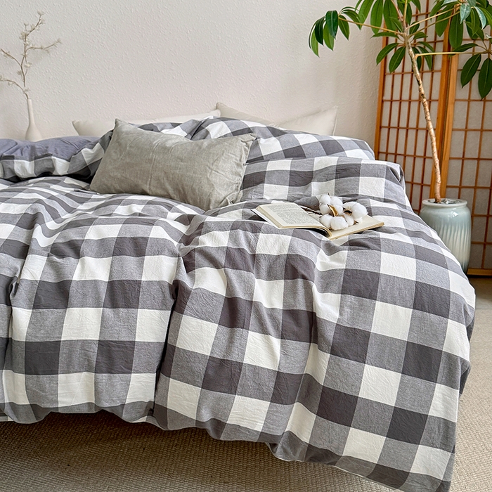 91家纺网 家纺一手货源 找家纺 家贝爱 2026新款全棉纯棉水洗色织被套单件被套单品单被套 中灰格