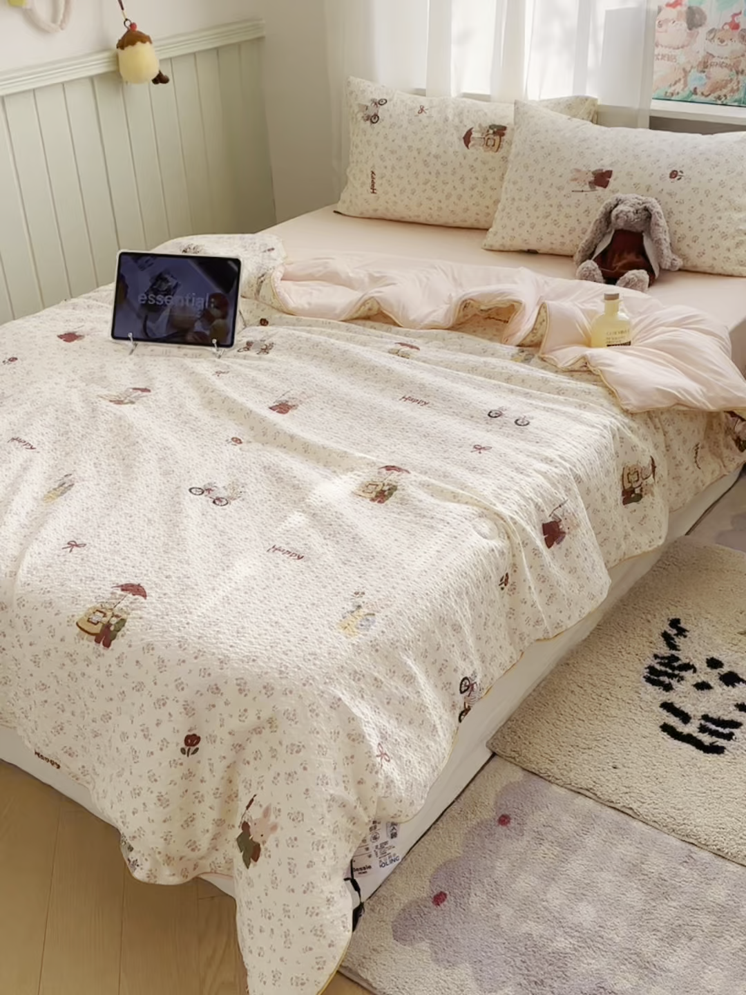 91家纺网 家纺一手货源 找家纺 几禾 2026新款泡芙纱单夏被夏凉被空调被-凉糖系列（凉而不冰的触感，清凉与柔软兼得） 凉糖-躲雨小兔