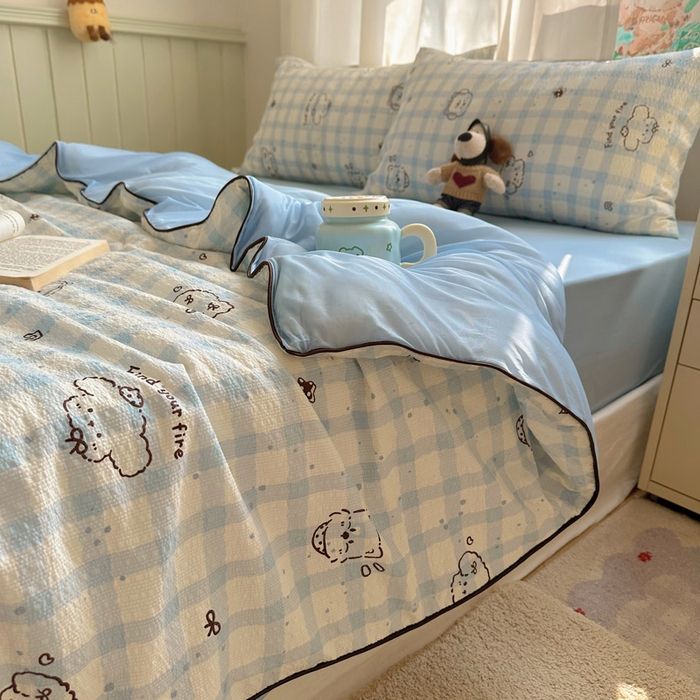 91家纺网 家纺一手货源 找家纺 几禾 2026新款泡芙纱单夏被夏凉被空调被-凉糖系列（凉而不冰的触感，清凉与柔软兼得） 凉糖-机智蓝狗