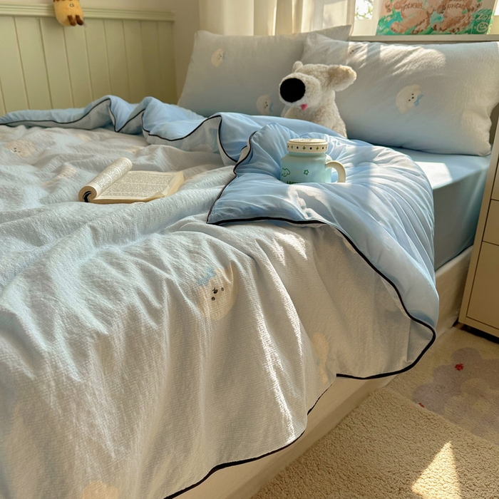 91家纺网 家纺一手货源 找家纺 几禾 2026新款泡芙纱单夏被夏凉被空调被-凉糖系列（凉而不冰的触感，清凉与柔软兼得） 凉糖-蓝领结狗