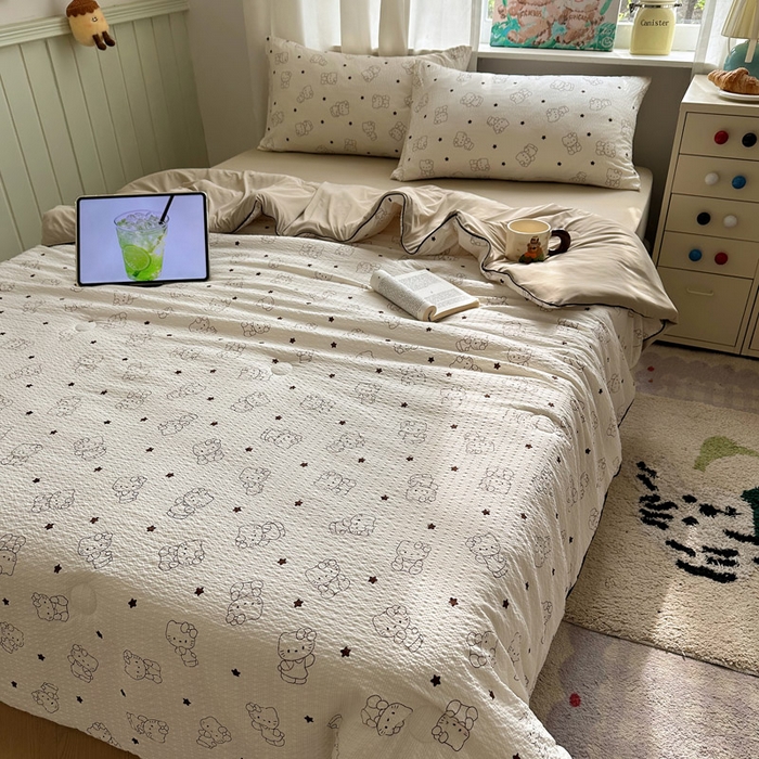 91家纺网 家纺一手货源 找家纺 几禾 2026新款泡芙纱单夏被夏凉被空调被-凉糖系列（凉而不冰的触感，清凉与柔软兼得） 凉糖-描线小猫 咖