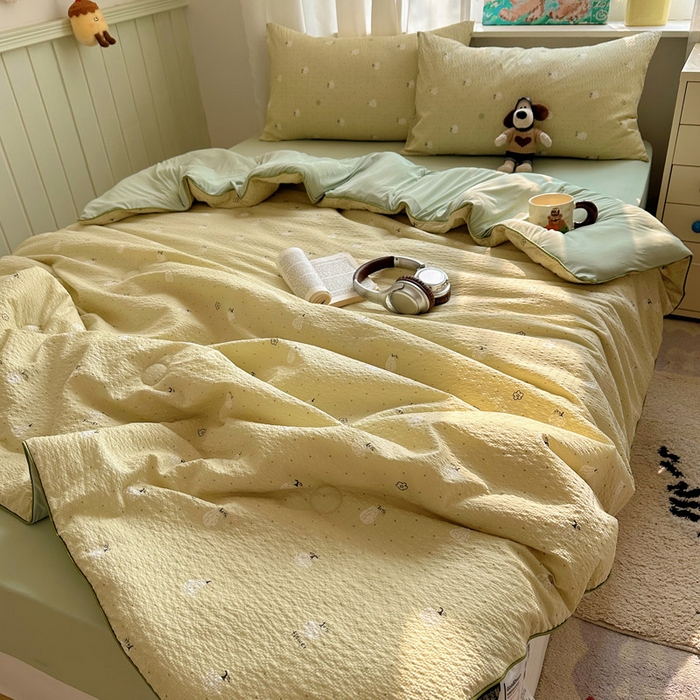 91家纺网 家纺一手货源 找家纺 几禾 2026新款泡芙纱单夏被夏凉被空调被-凉糖系列（凉而不冰的触感，清凉与柔软兼得） 凉糖-抹茶南瓜