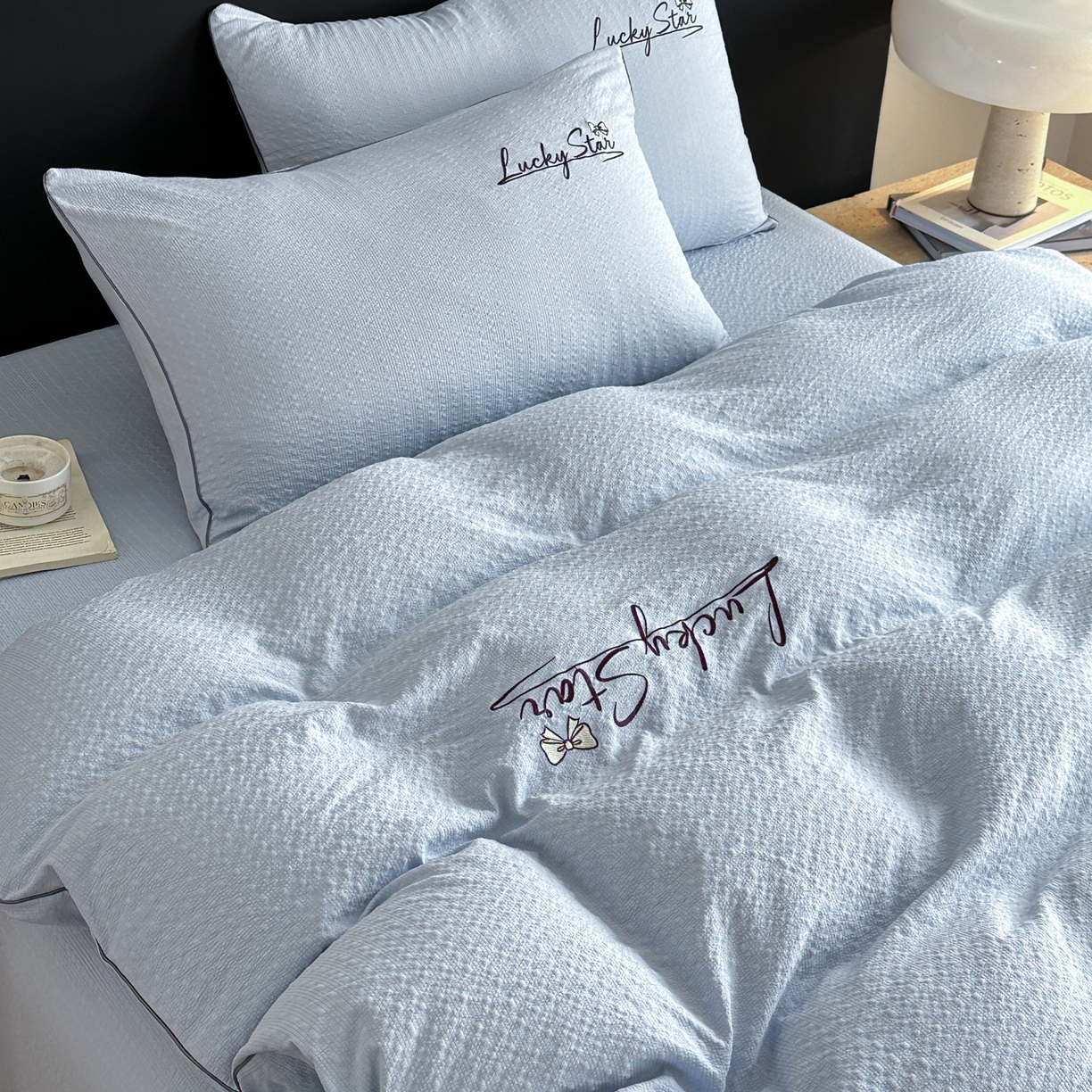 91家纺网 家纺一手货源 找家纺 （总）利欧 2026新款水洗棉四件套提花四件套刺绣四件套-幸运