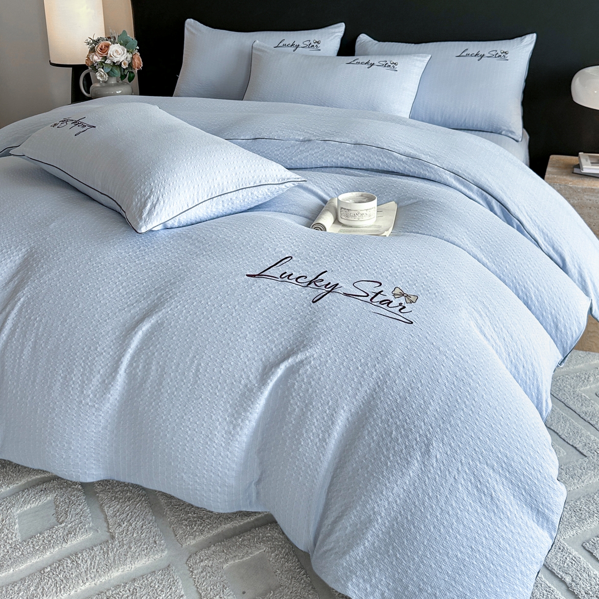 91家纺网 家纺一手货源 找家纺 （总）利欧 2026新款水洗棉四件套提花四件套刺绣四件套-幸运