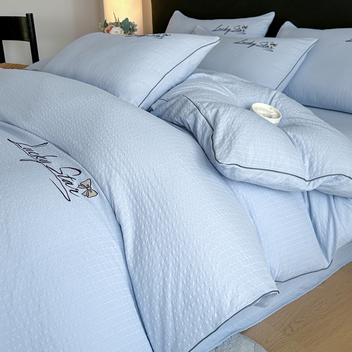 91家纺网 家纺一手货源 找家纺 （总）利欧 2026新款水洗棉四件套提花四件套刺绣四件套-幸运