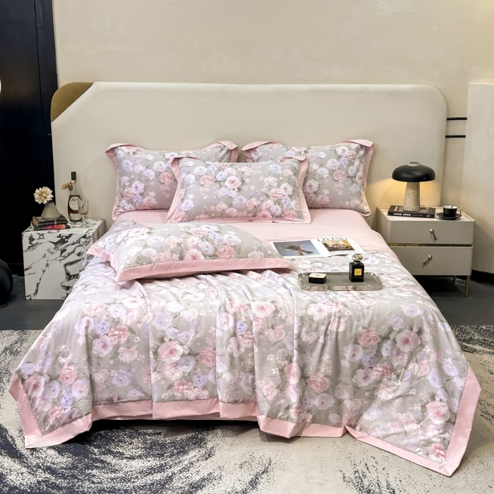 91家纺网 家纺一手货源 找家纺 新款凉感天丝棉夏被夏凉被空调被夏被四件套系列 莫奈花（灰）