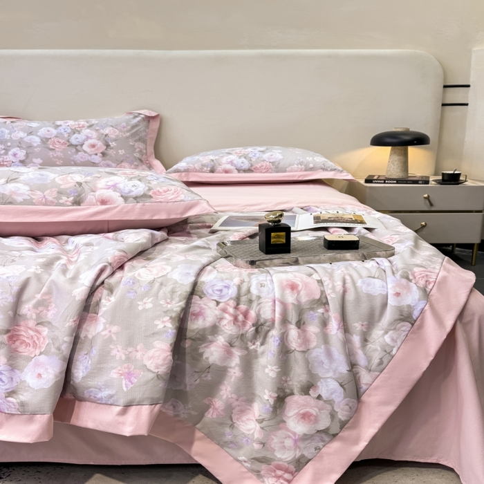 91家纺网 家纺一手货源 找家纺 新款凉感天丝棉夏被夏凉被空调被夏被四件套系列 莫奈花（灰）