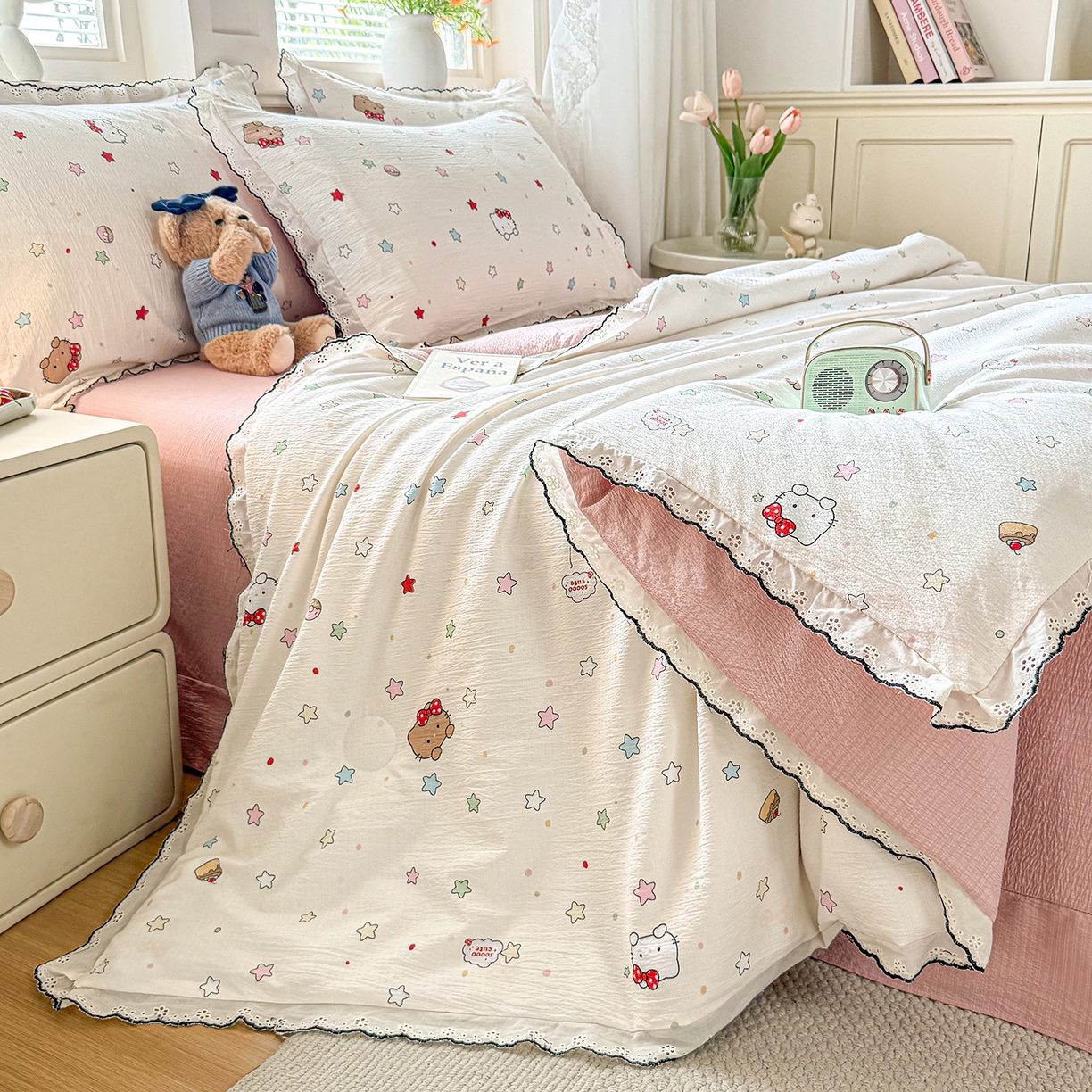 91家纺网 家纺一手货源 找家纺 梦纤绒 2026新款法式全棉花边夏被夏凉被空调被四件套 星织甜梦