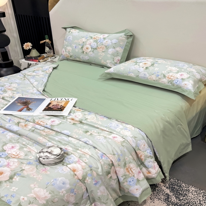 91家纺网 家纺一手货源 找家纺 新款凉感天丝棉夏被夏凉被空调被夏被四件套系列 莫奈花（绿)