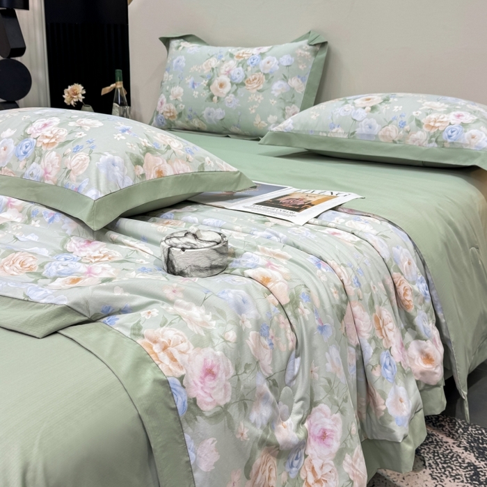 91家纺网 家纺一手货源 找家纺 新款凉感天丝棉夏被夏凉被空调被夏被四件套系列 莫奈花（绿)