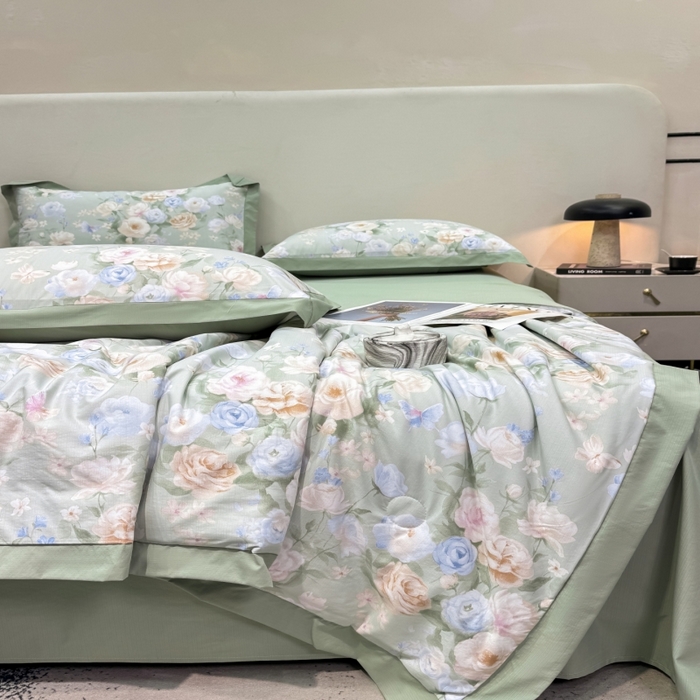 91家纺网 家纺一手货源 找家纺 新款凉感天丝棉夏被夏凉被空调被夏被四件套系列 莫奈花（绿)