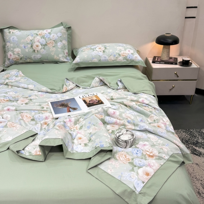 91家纺网 家纺一手货源 找家纺 新款凉感天丝棉夏被夏凉被空调被夏被四件套系列 莫奈花（绿)