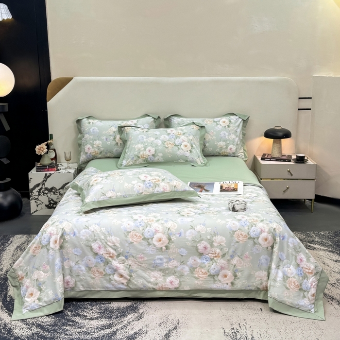 91家纺网 家纺一手货源 找家纺 新款凉感天丝棉夏被夏凉被空调被夏被四件套系列 莫奈花（绿)