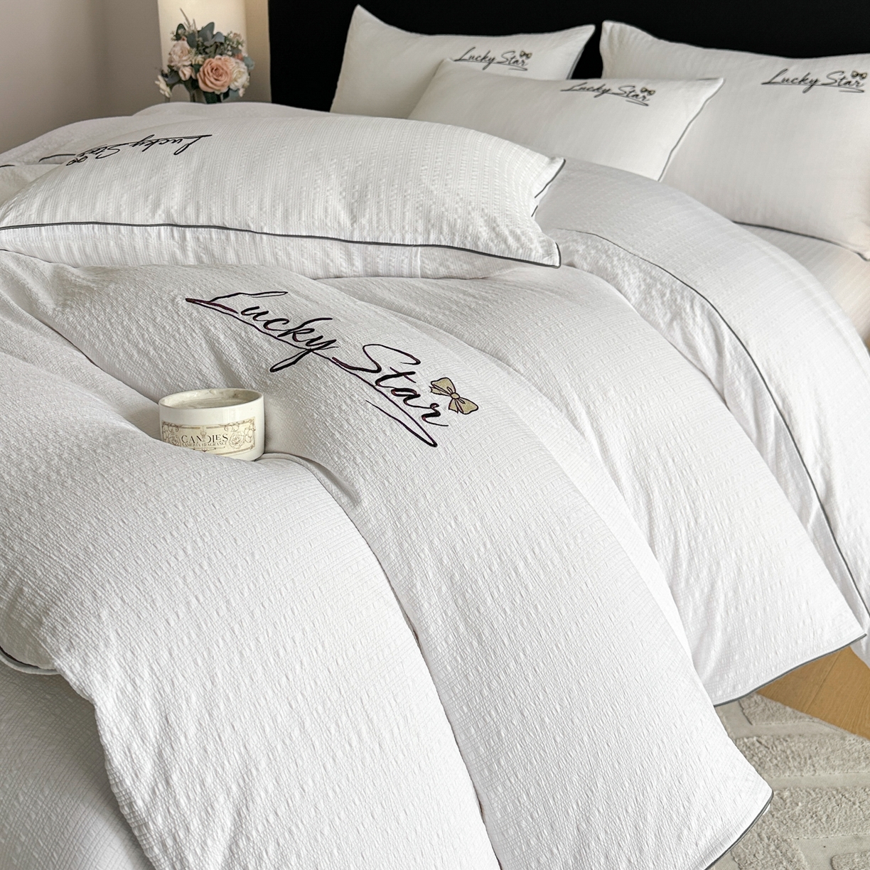 91家纺网 家纺一手货源 找家纺 利欧 2026新款水洗棉四件套提花四件套刺绣四件套-幸运 幸运白