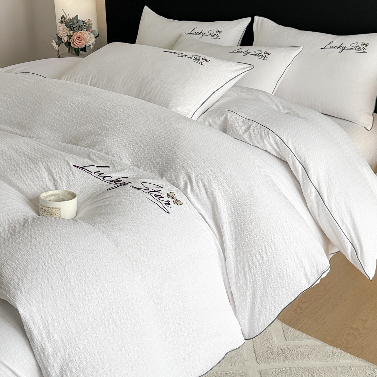 91家纺网 家纺一手货源 找家纺 利欧 2026新款水洗棉四件套提花四件套刺绣四件套-幸运 幸运白