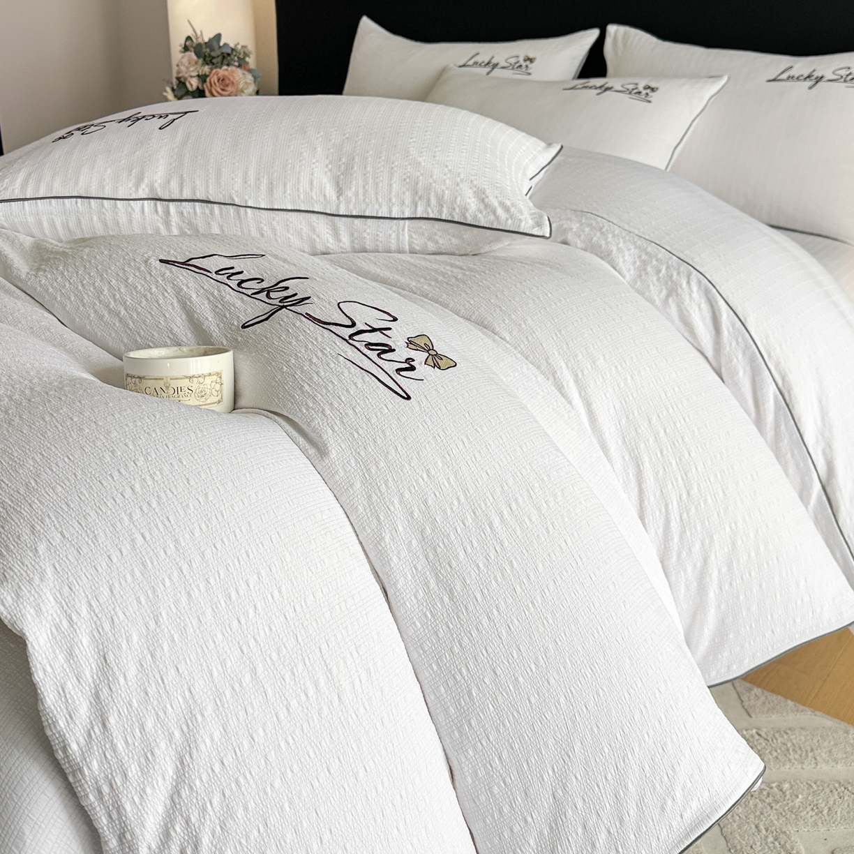 91家纺网 家纺一手货源 找家纺 利欧 2026新款水洗棉四件套提花四件套刺绣四件套-幸运 幸运白