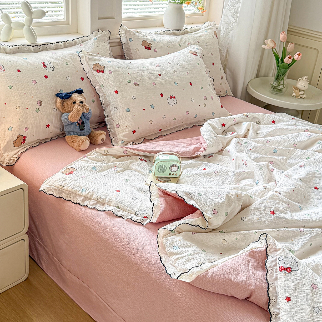 91家纺网 家纺一手货源 找家纺 梦纤绒 2026新款法式全棉花边夏被夏凉被空调被四件套 星织甜梦