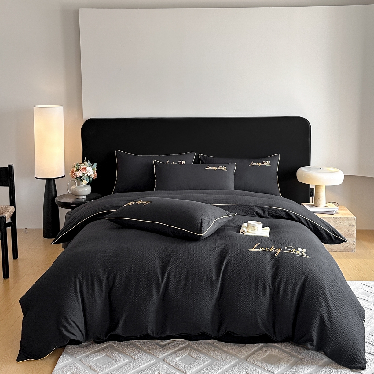 利欧 2026新款水洗棉四件套提花四件套刺绣四件套-幸运 幸运黑
