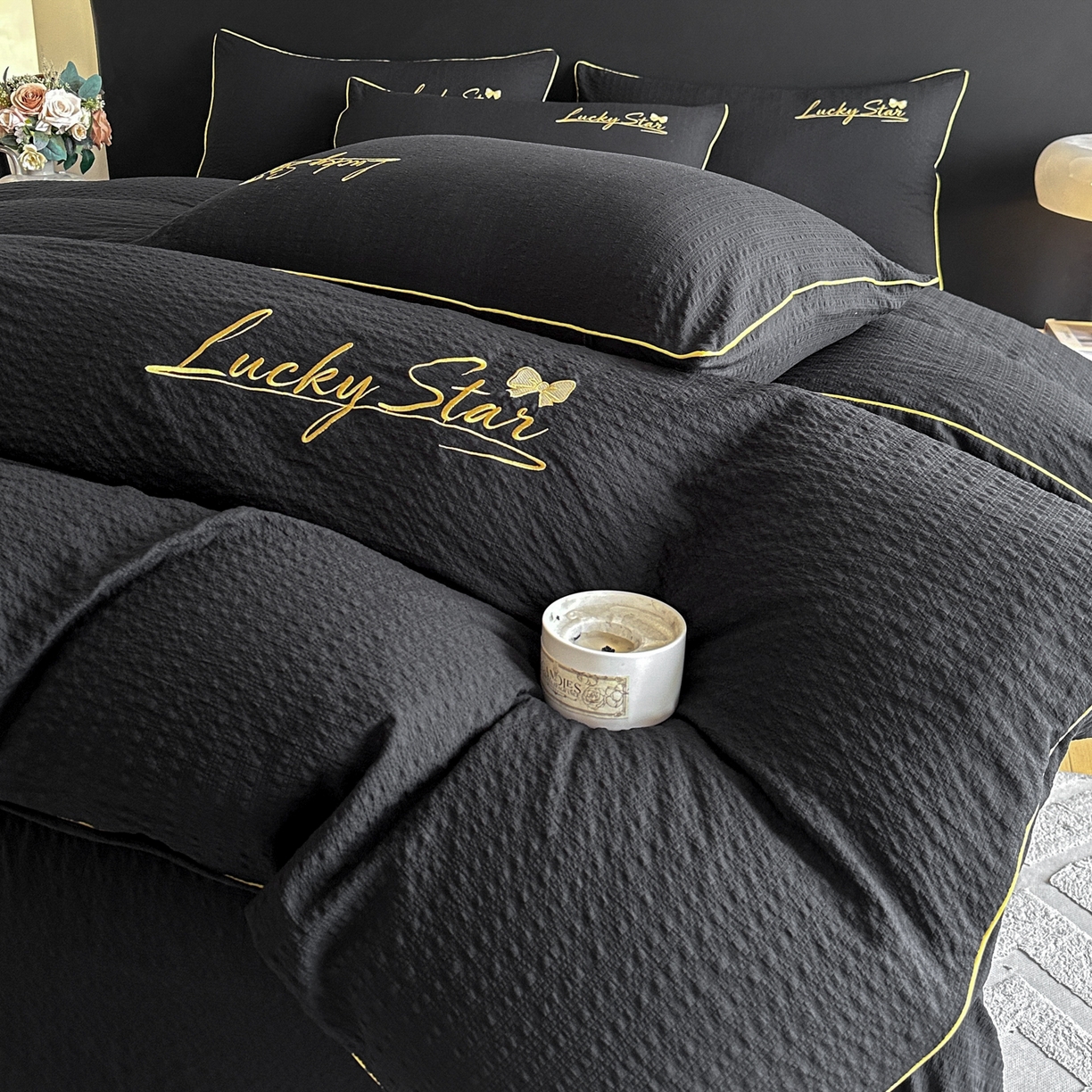 91家纺网 家纺一手货源 找家纺 利欧 2026新款水洗棉四件套提花四件套刺绣四件套-幸运 幸运黑