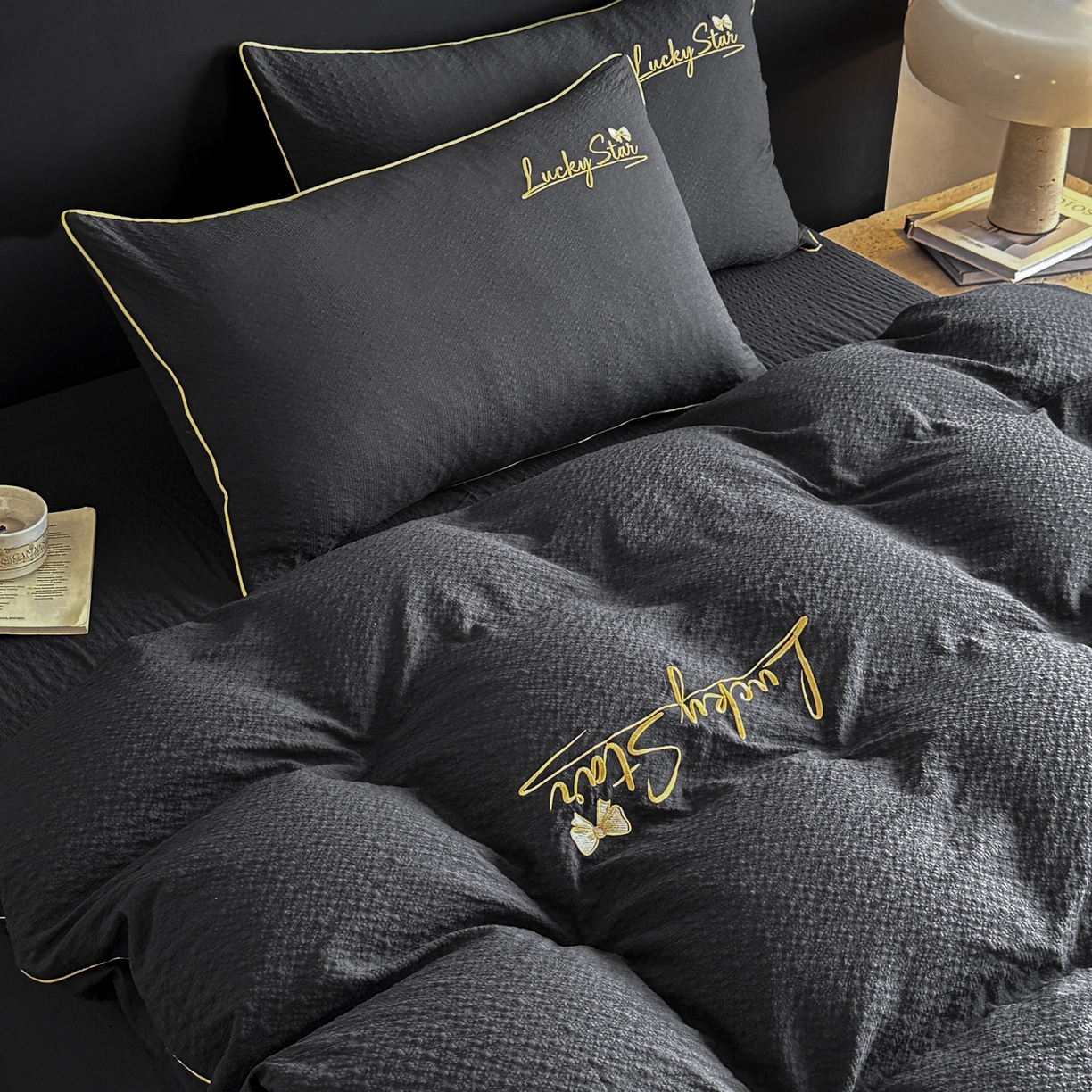 91家纺网 家纺一手货源 找家纺 利欧 2026新款水洗棉四件套提花四件套刺绣四件套-幸运 幸运黑