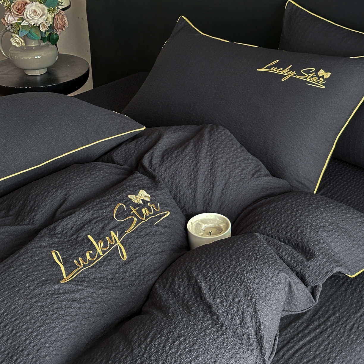 91家纺网 家纺一手货源 找家纺 利欧 2026新款水洗棉四件套提花四件套刺绣四件套-幸运 幸运黑