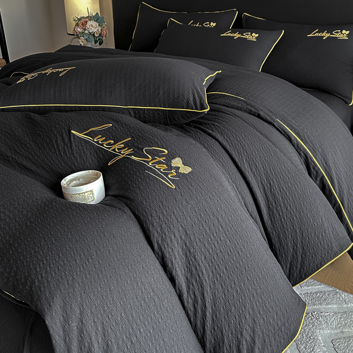 91家纺网 家纺一手货源 找家纺 利欧 2026新款水洗棉四件套提花四件套刺绣四件套-幸运 幸运黑