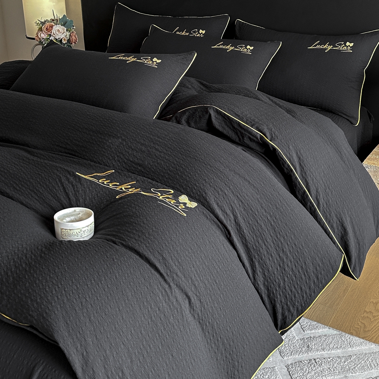 91家纺网 家纺一手货源 找家纺 利欧 2026新款水洗棉四件套提花四件套刺绣四件套-幸运 幸运黑