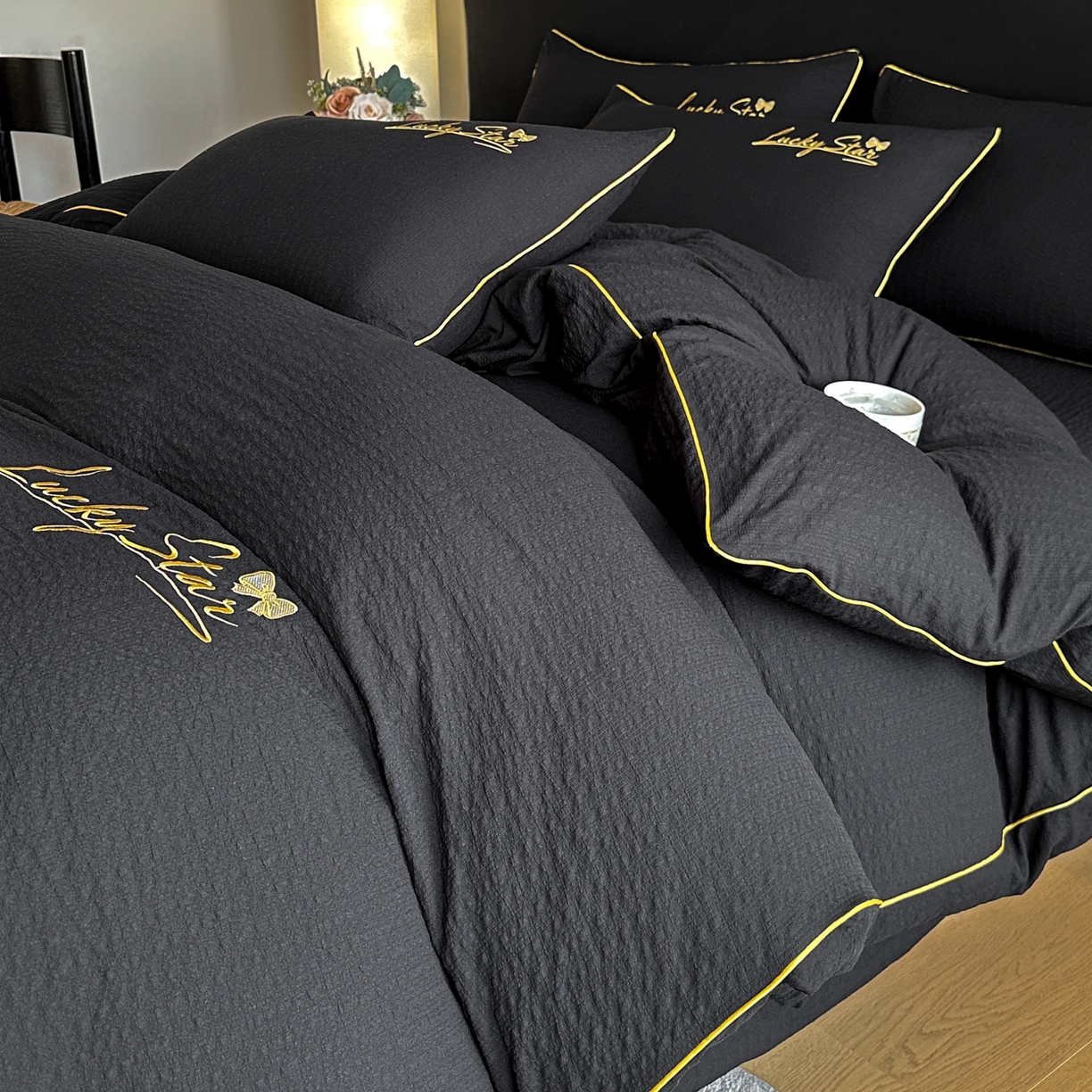 91家纺网 家纺一手货源 找家纺 利欧 2026新款水洗棉四件套提花四件套刺绣四件套-幸运 幸运黑