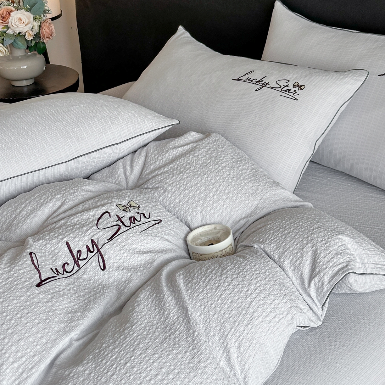 91家纺网 家纺一手货源 找家纺 利欧 2026新款水洗棉四件套提花四件套刺绣四件套-幸运 幸运灰