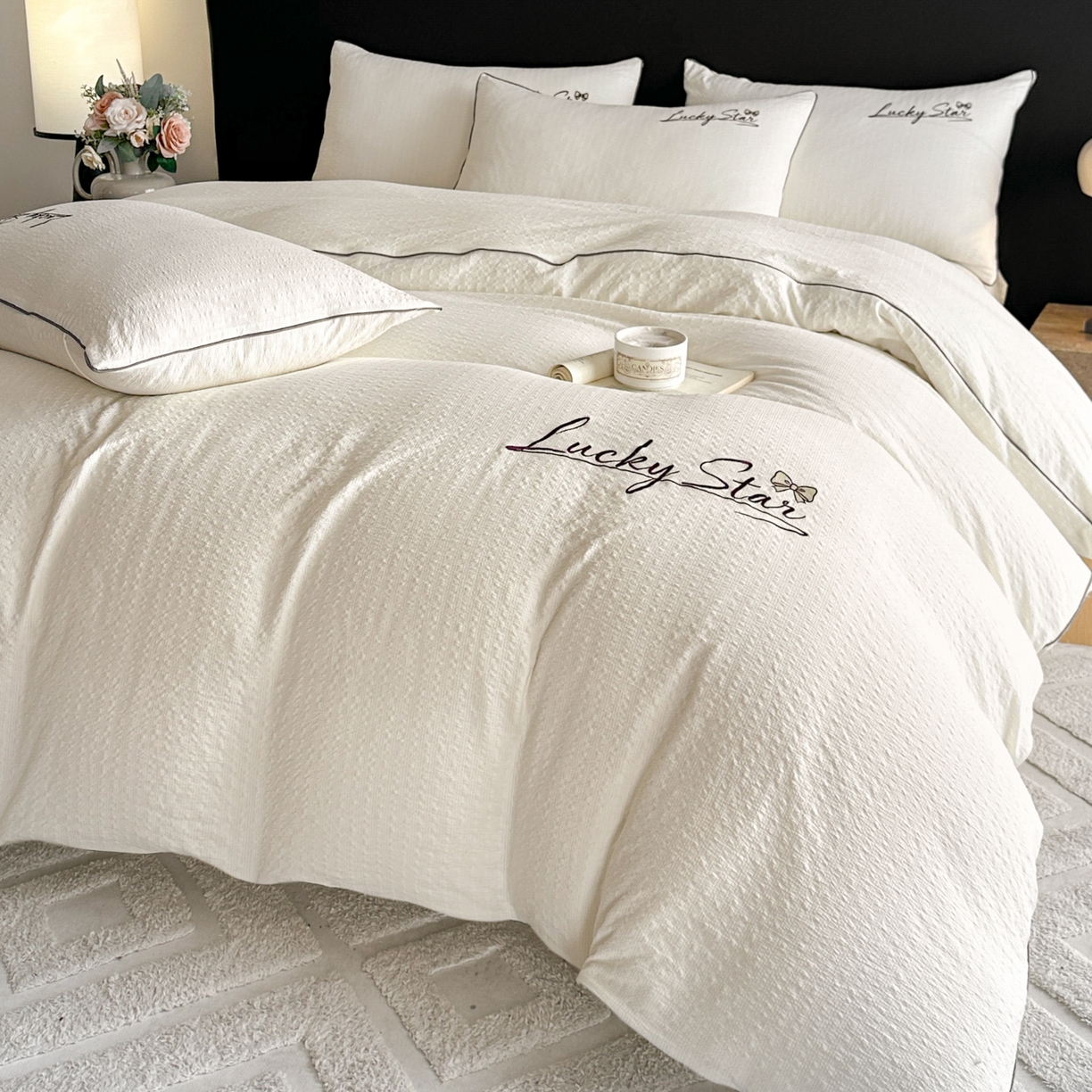 91家纺网 家纺一手货源 找家纺 利欧 2026新款水洗棉四件套提花四件套刺绣四件套-幸运 幸运米黄