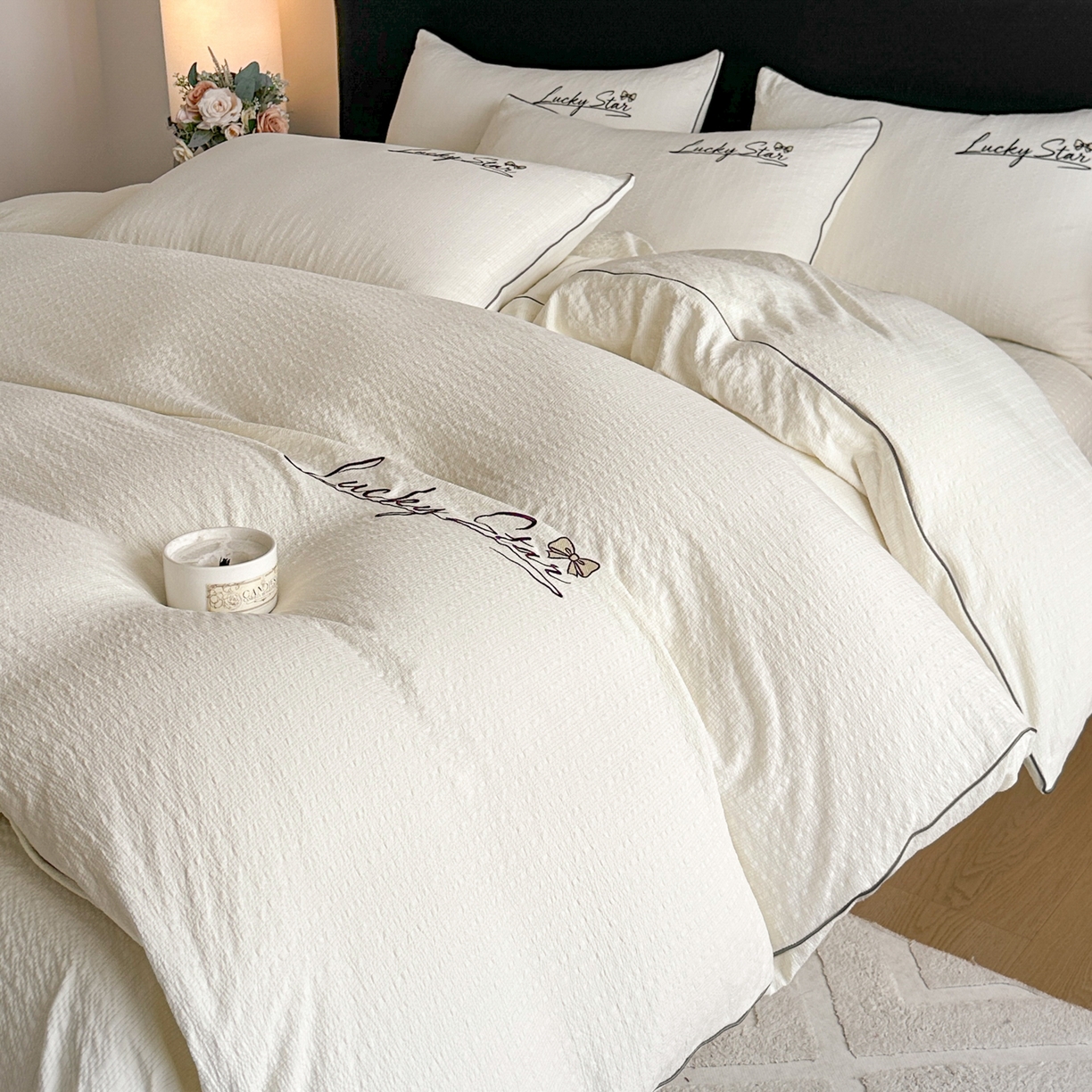 91家纺网 家纺一手货源 找家纺 利欧 2026新款水洗棉四件套提花四件套刺绣四件套-幸运 幸运米黄