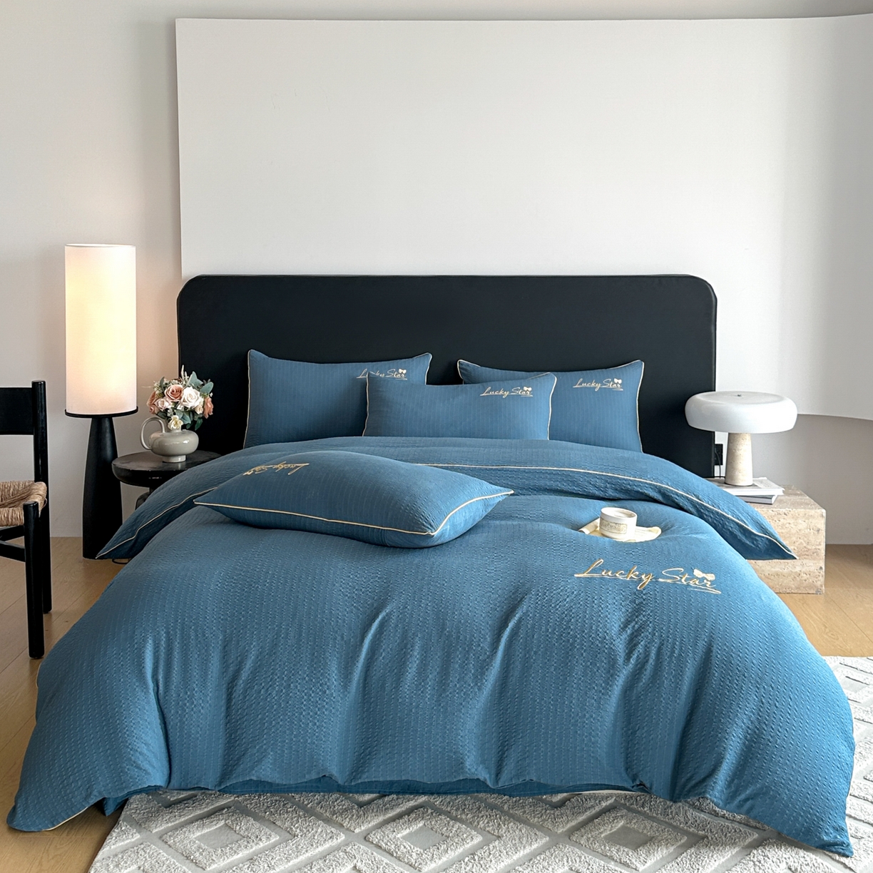 利欧 2026新款水洗棉四件套提花四件套刺绣四件套-幸运 幸运深蓝