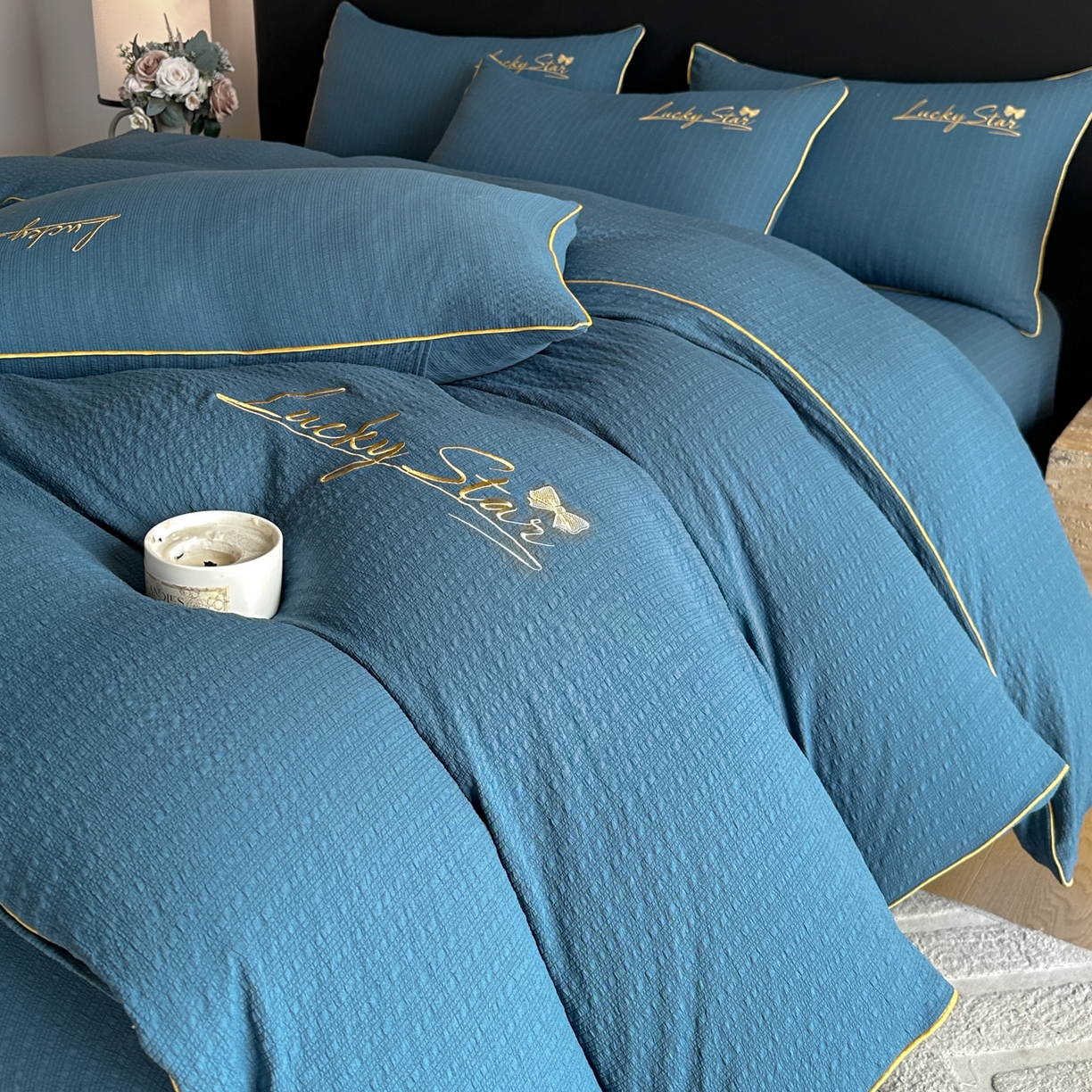 91家纺网 家纺一手货源 找家纺 利欧 2026新款水洗棉四件套提花四件套刺绣四件套-幸运 幸运深蓝