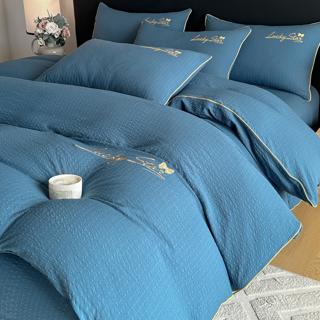 91家纺网 家纺一手货源 找家纺 利欧 2026新款水洗棉四件套提花四件套刺绣四件套-幸运 幸运深蓝