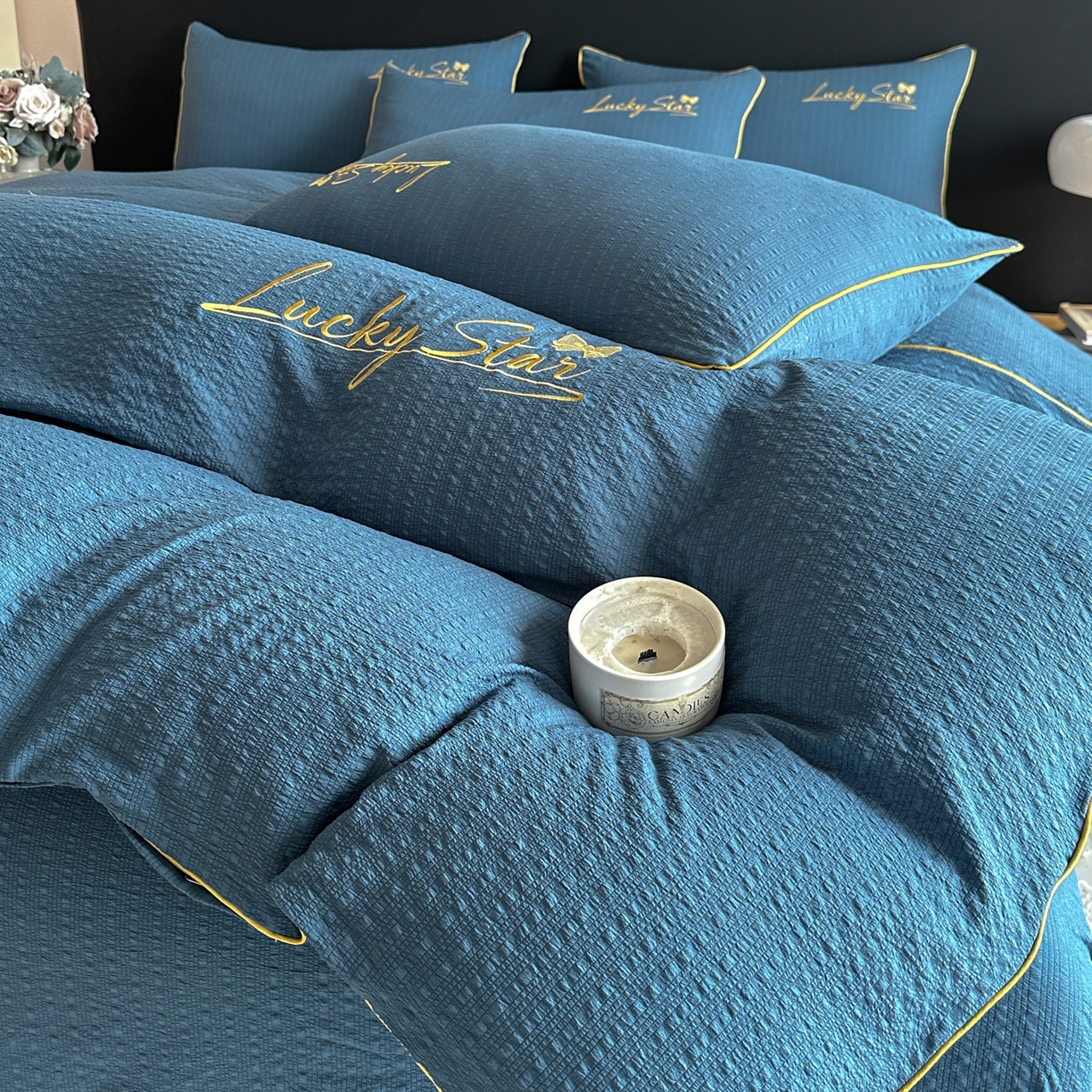 91家纺网 家纺一手货源 找家纺 利欧 2026新款水洗棉四件套提花四件套刺绣四件套-幸运 幸运深蓝