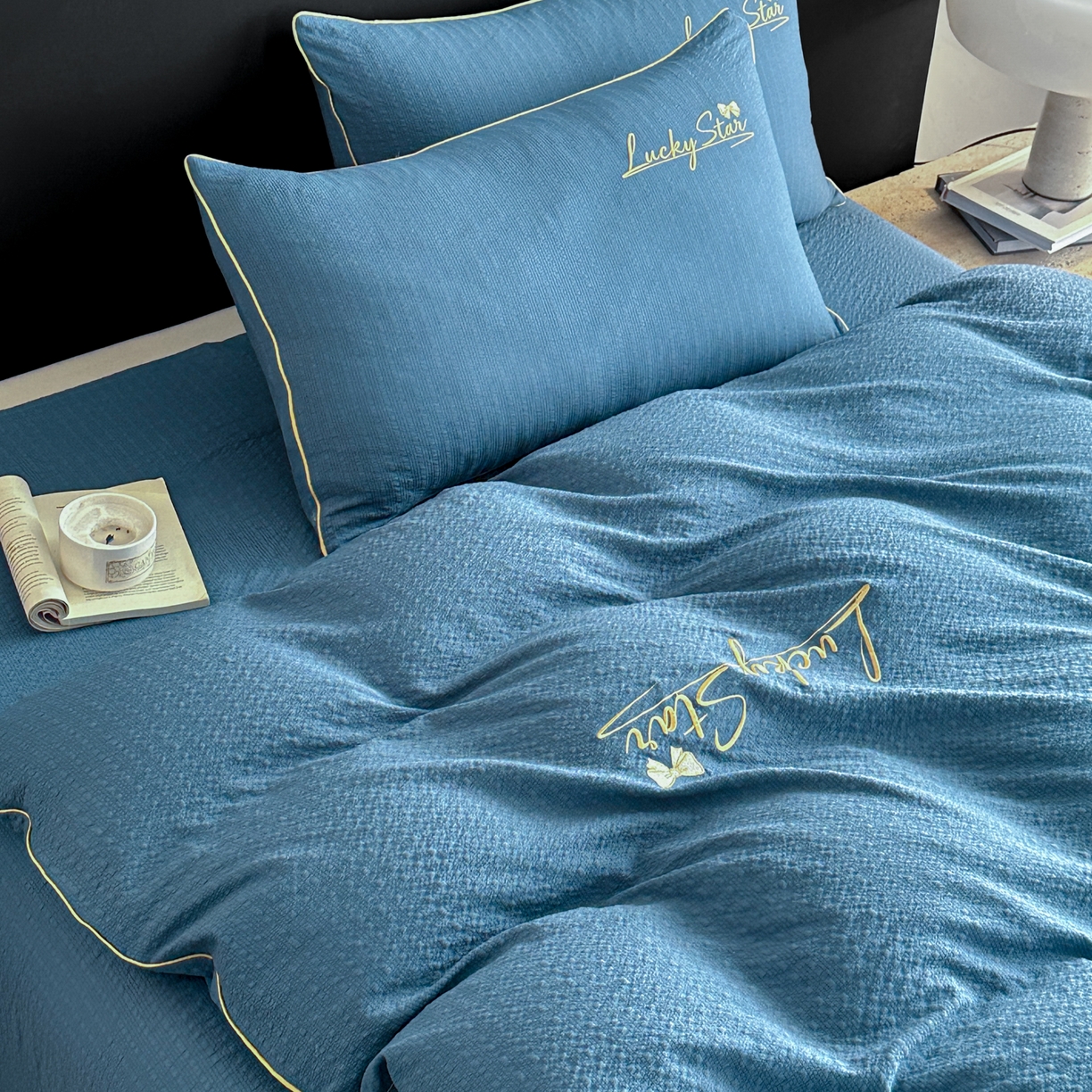 91家纺网 家纺一手货源 找家纺 利欧 2026新款水洗棉四件套提花四件套刺绣四件套-幸运 幸运深蓝