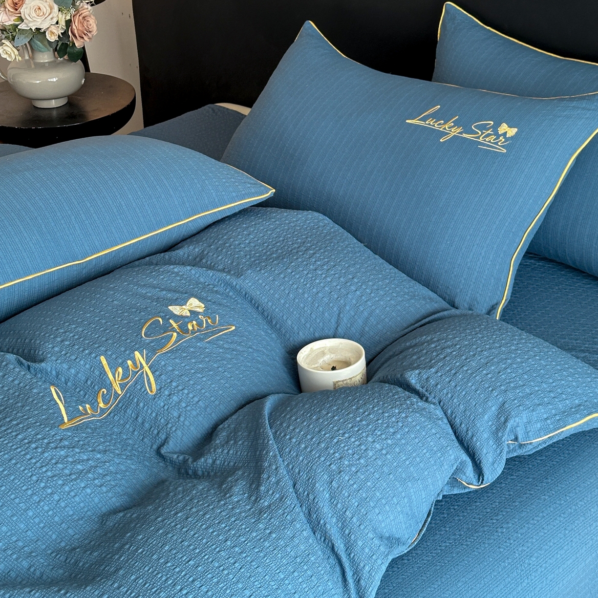 91家纺网 家纺一手货源 找家纺 利欧 2026新款水洗棉四件套提花四件套刺绣四件套-幸运 幸运深蓝