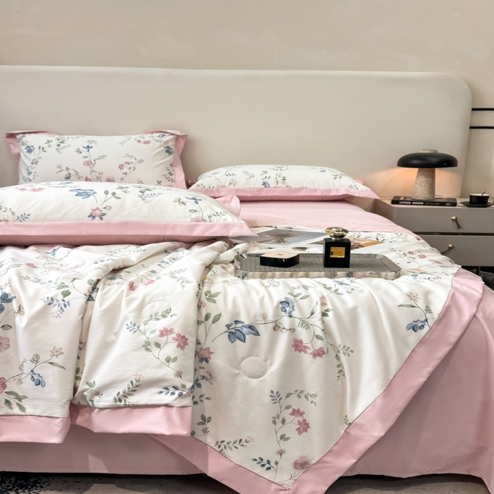 91家纺网 家纺一手货源 找家纺 新款凉感天丝棉夏被夏凉被空调被夏被四件套系列 未央粉