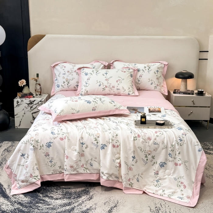 91家纺网 家纺一手货源 找家纺 新款凉感天丝棉夏被夏凉被空调被夏被四件套系列 未央粉