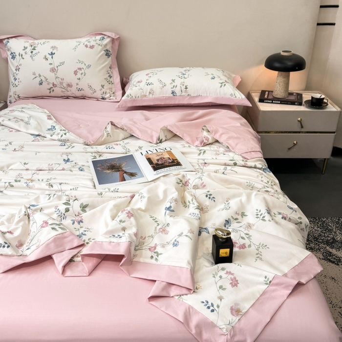 91家纺网 家纺一手货源 找家纺 新款凉感天丝棉夏被夏凉被空调被夏被四件套系列 未央粉