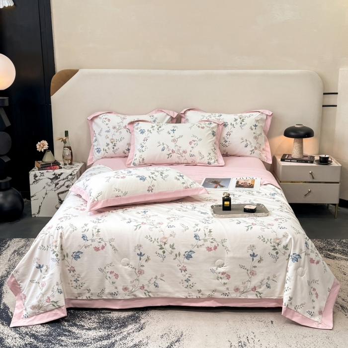 91家纺网 家纺一手货源 找家纺 新款凉感天丝棉夏被夏凉被空调被夏被四件套系列 未央粉