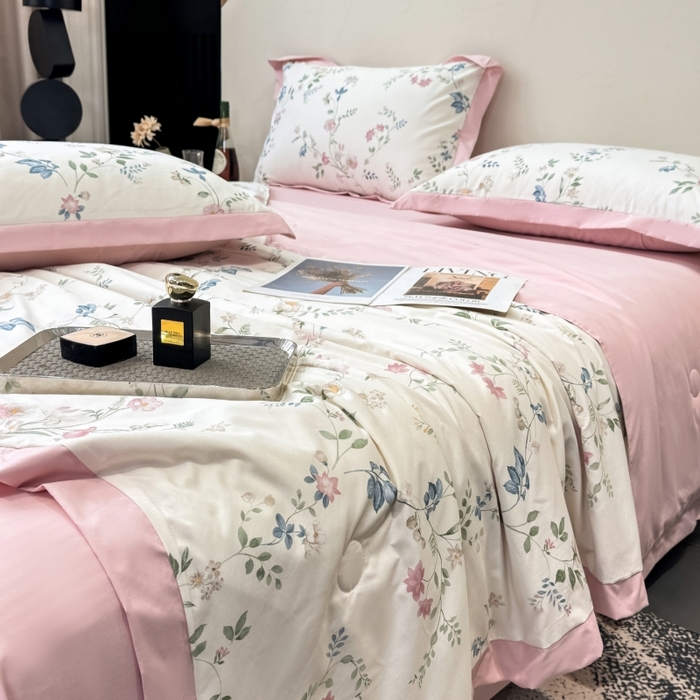 91家纺网 家纺一手货源 找家纺 新款凉感天丝棉夏被夏凉被空调被夏被四件套系列 未央粉