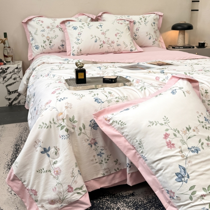 91家纺网 家纺一手货源 找家纺 新款凉感天丝棉夏被夏凉被空调被夏被四件套系列 未央粉