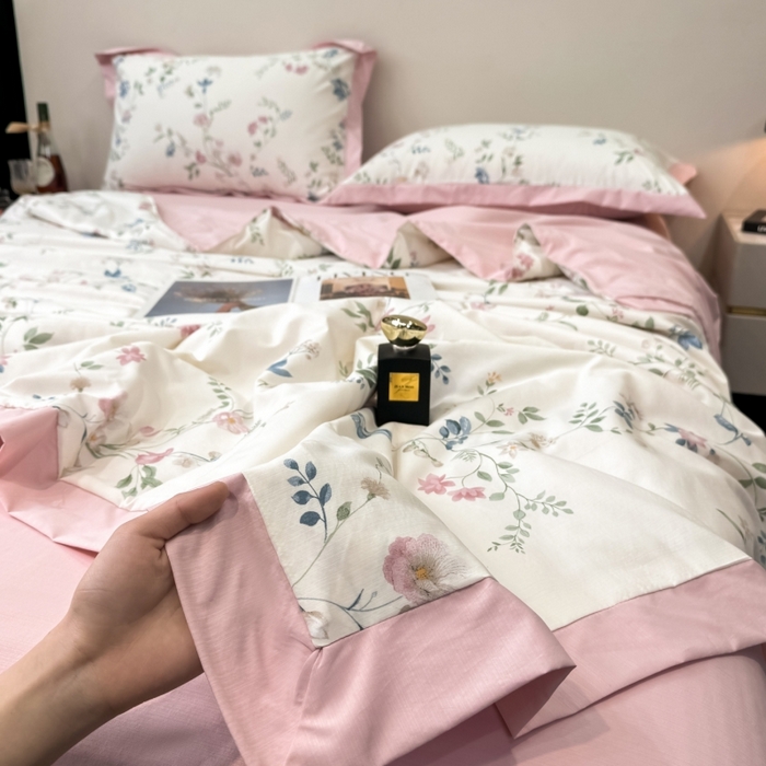 91家纺网 家纺一手货源 找家纺 新款凉感天丝棉夏被夏凉被空调被夏被四件套系列 未央粉