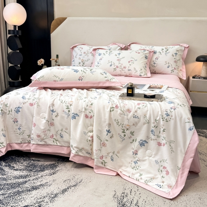 91家纺网 家纺一手货源 找家纺 新款凉感天丝棉夏被夏凉被空调被夏被四件套系列 未央粉