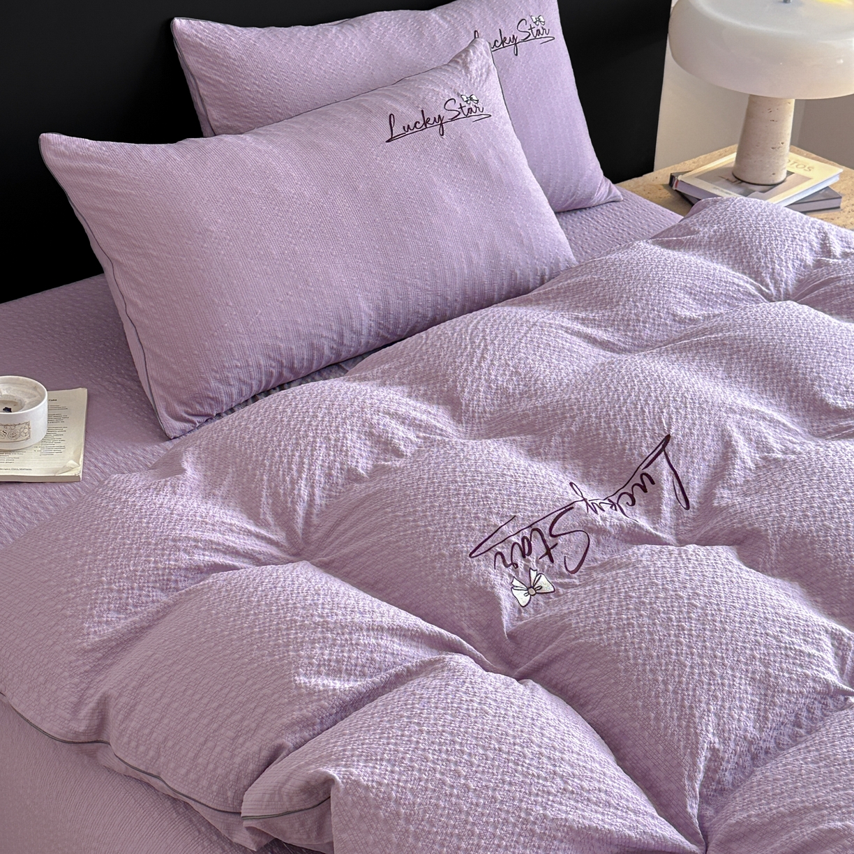 91家纺网 家纺一手货源 找家纺 利欧 2026新款水洗棉四件套提花四件套刺绣四件套-幸运 幸运紫