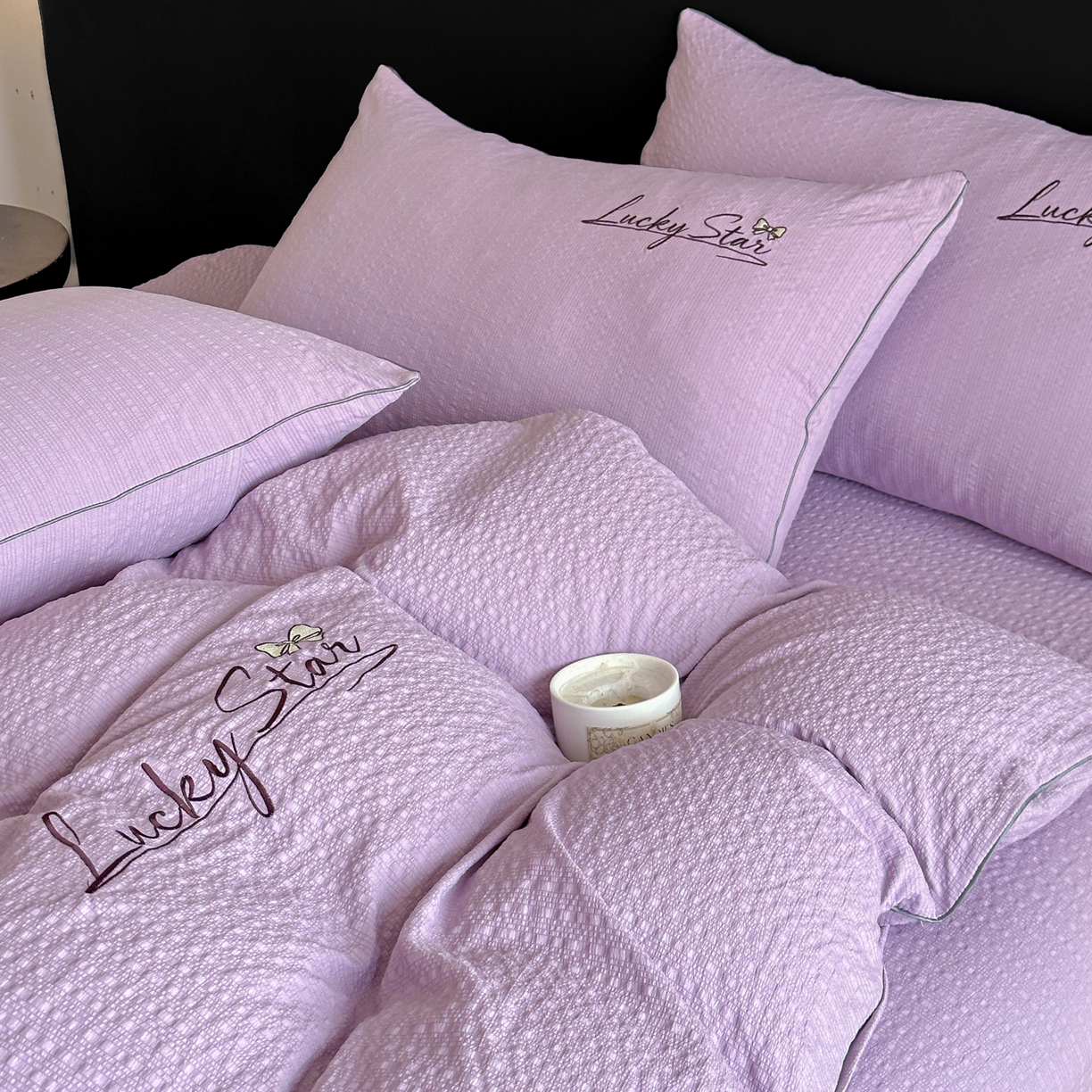 91家纺网 家纺一手货源 找家纺 利欧 2026新款水洗棉四件套提花四件套刺绣四件套-幸运 幸运紫